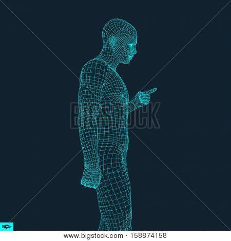 Man Pointing his Finger. 3D Model of Man. Geometric Design. Vector Illustration. 3d Polygonal Covering Skin. Human Polygon Body. Human Body Wire Model.