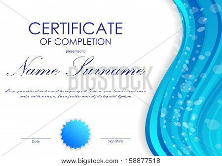 Certificate of completion template with blue light wavy background and seal. Vector illustration