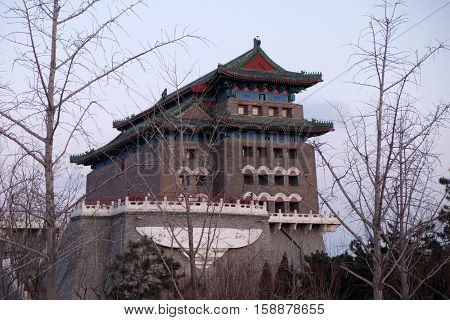BEIJING - FEBRUARY 22, 2016: Archery Tower of Zhengyangmen is a gate in Beijing's historic city wall situated to the south of Tiananmen Square and once guarded the southern entry into the Inner City.