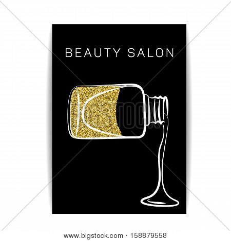 Nail polish banner with golden glitter texture. Manicure flyer with shiny sparkles. Fashion template for beauty salon or nail artist design. For coupon and gift certificate. Vector EPS10 illustration.