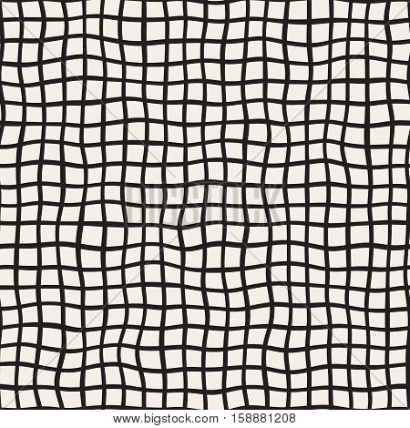 Wavy Hand Drawn Lines Square Grid. Abstract Geometric Background Design. Vector Seamless Black and White Pattern.