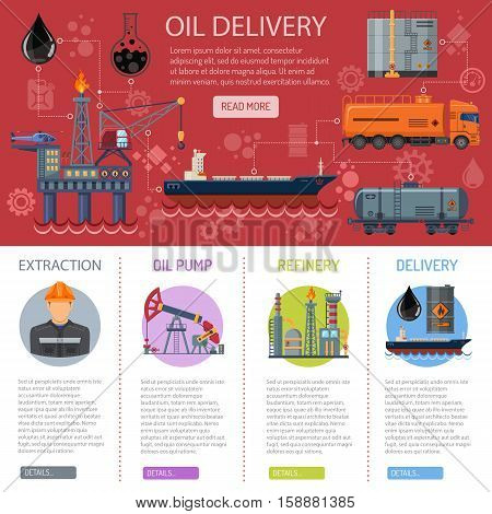 Oil industry Infographics with Flat Icons extraction refinery delivery and transportation oil and petrol with oil pump, oil platform and cargo tank. vector illustration