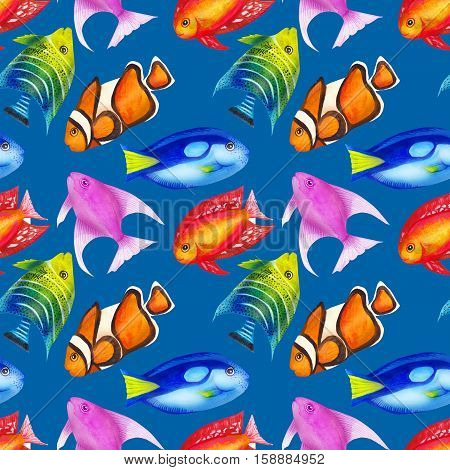Seamless pattern with colorful watercolor fishes. Hand-drawn watercolour elements. Sea life.