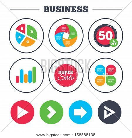 Business pie chart. Growth graph. Arrow icons. Next navigation arrowhead signs. Direction symbols. Super sale and discount buttons. Vector
