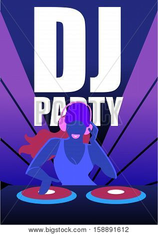 Dj party in night club. Young dj girl in cap and headphones playing music on vinyl mixers vector illustration. Night life, clubbing, dancing party concept for poster or flyer design