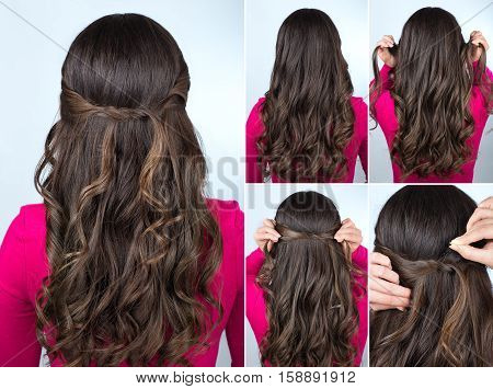 simple knotted hairstyle on curly hair tutorial. Hairstyle for long hair. Hairstyle tutorial step by step. Hairstyle for party