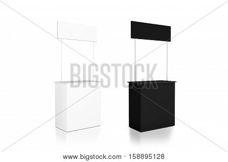 Blank black and white promo counter mockup stand side view 3d rendering. Trade promotional pop up exhibition mock up set.