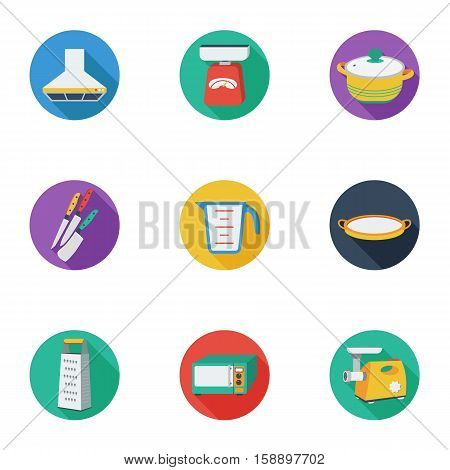 Kitchen set icons in cartoon style. Big collection of kitchen vector symbol stock