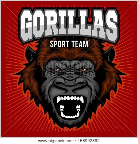 Mascot of gorilla head - sport team vector illustration on red.