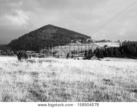 Green forested conical hill, bright yellow summer grass and clear blue sky in Jizera Mountains, Jizerka village and Bukovec Mountain, Czech Republic . Black and white image.