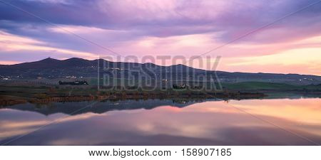 Tuscany Santa Luce lake panorama on sunset Pisa Italy Europe