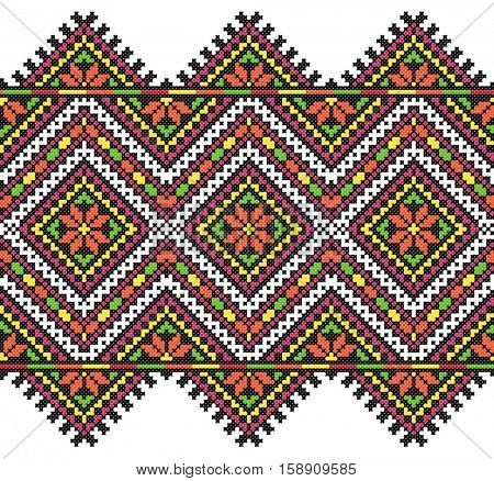 embroidered good like old handmade cross-stitch ethnic Ukraine pattern. Ukrainian towel with ornament, rushnyk called, in vector