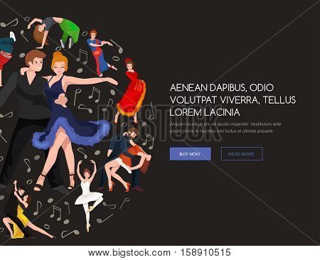 Vector illustration of couple dancing modern dance, Partners dance bachata, Dancing style design concept set, traditional dance flat icon isolated vector illustration, Man and woman ballroom dancing.