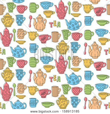 Cute tea collection tableware cup mug tea pot kettle doodles seamless vector pattern