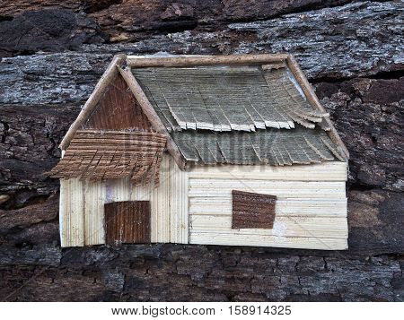 Collage art house realistic.Creative natural wooden craft