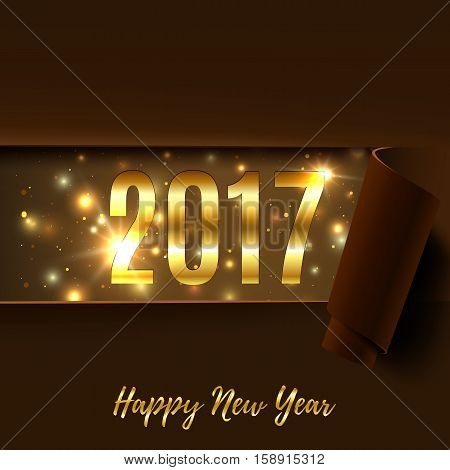 Happy New Year 2017 greeting card. Brown background with rolled paper. Template for brochure, banner, poster or flyer. Vector illustration.