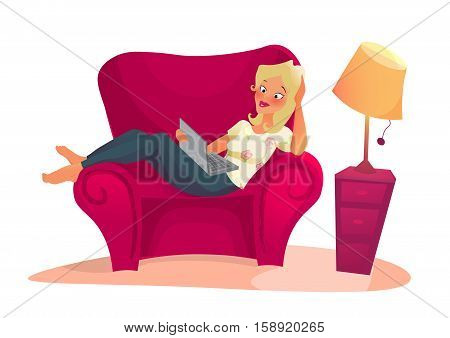 woman relaxing sitting on a couch with the hands on the head and using a laptop. cartoon character