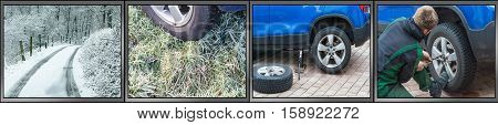 Workflow tire change as a panorama image. Summer tires dismantle winter tires mount. Image divided into 4 working steps.