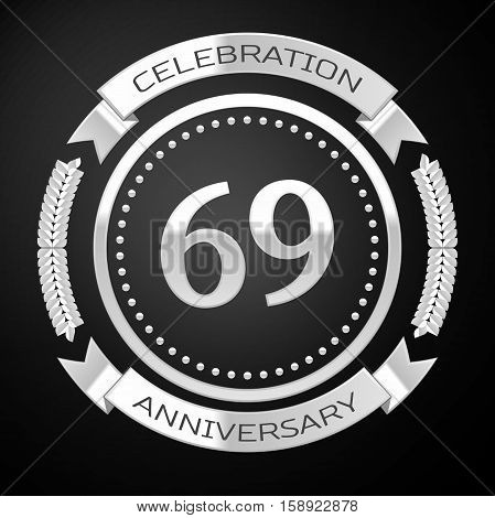 Sixty nine years anniversary celebration with silver ring and ribbon on black background. Vector illustration