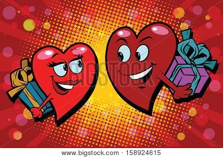 Surprise gifts Valentine heart. pop art retro comic book illustration. Valentines day red hearts. Love couple male and female character