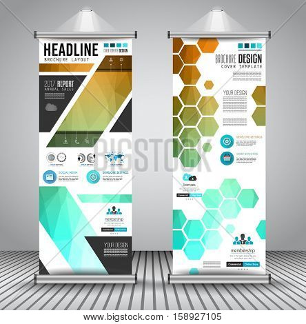 Advertisement roll up business flyer or brochure banner with vertical design. Vector template for cover presentation with geometrical shape background. Ideal for modern x-banner and flag-banner.