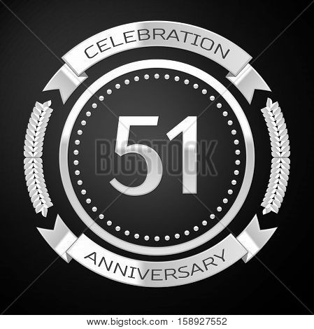 Fifty one years anniversary celebration with silver ring and ribbon on black background. Vector illustration