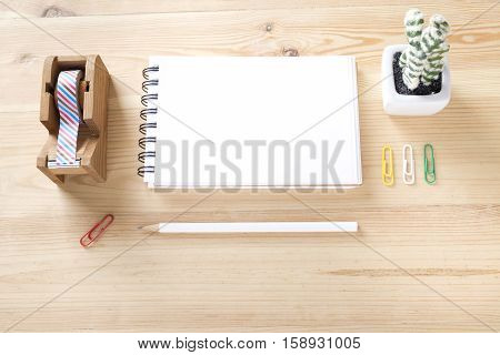 Topview Of Office Stuff On Wooden Working Table.