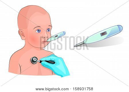 illustration of child with fever. thermometer. hyperthermia
