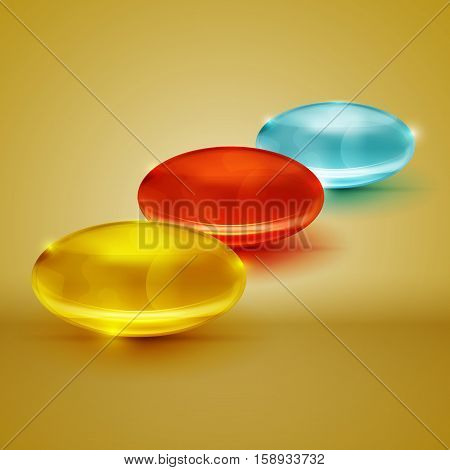 Vector glossy capsule llustration. Shiny colourful gel pills with reflections and shadows on a golden background. Cosmetic, pharmaceutical and medical concept.