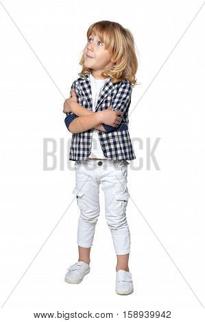 Full lenth portrait of cute little boy isolated on white background