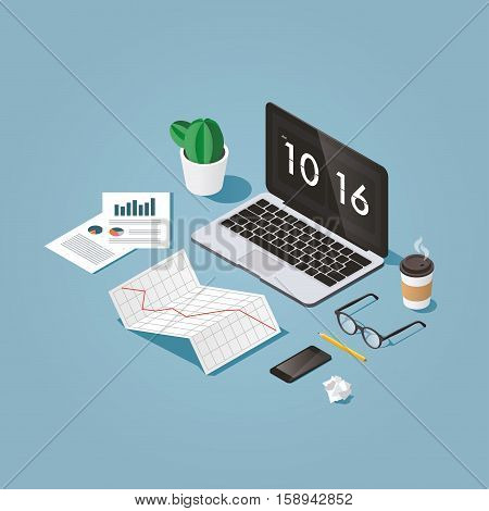 Vector isometric concept illustration of office work station. Desktop computer glasses phone diagram keyboard cup of hot coffee finance stock infographic.