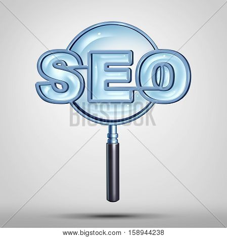 Search engine optimization technology or seo icon as a magnifying glass or loup shaped as text representing an internet data searching solution concept as a 3D illustration.