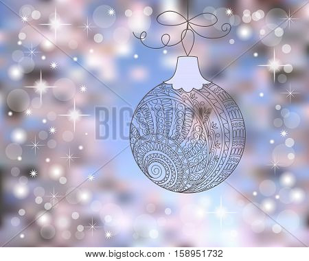 Festive christmas card with hand drawn decorated christmas ball snowflakes and text Happy New Year on the colorful blue background - eps10
