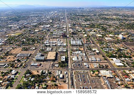 Above Main Street in Mesa Arizona looking West towards Tempe and Phoenix Arizona