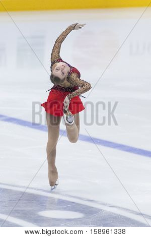 Minsk Belarus -November 19 2016: Unidentified Female Figure Skater performs Ladies Free Skating Program at Ice Star International Figure Skating competition in November 19 2016 in Minsk Republic of Belarus