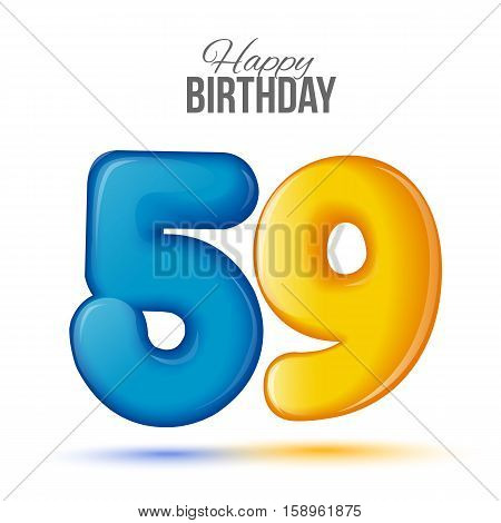 fifty nine birthday greeting card template with 3d shiny number fifty nine balloon on white background. Birthday party greeting, invitation card, banner with number 59 shaped balloon