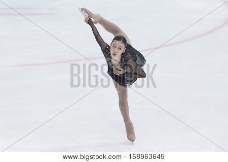 Minsk Belarus -November 19 2016: Unidentified Female Figure Skater performs Ladies Free Skating Program at Ice Star International Figure Skating competition in November 19 2016 in Minsk Republic of Belarus