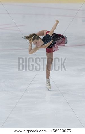 Minsk Belarus -November 19 2016: Unidentified Female Figure Skater performs Ladies Free Skating Program at Ice Star International Figure Skating competition in November 19 2016 in Minsk Republic of Belarus