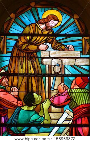 NAZARETH ISRAEL 04 11 16: Stained glass window of Saint Joseph Church is a Franciscan Roman Catholic church in the Old City of Nazareth.It is located close to the Church of the Annunciation