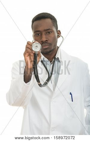African-American black doctor man holding sthethoscope isolated white background.