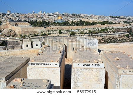 JERUSALEM ISRAEL 23 10 16: Jewish Cemetery on the Mount of Olives, including the Silwan necropolis is the most ancient cemetery in Jerusalem. Burial on the Mount of Olives started some 3,000 years ago