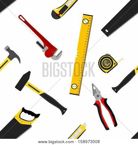 Seamless pattern with repair working tools in flat vector style. Measure tape saw hammers wrench spanner waterpas pliers isolated.