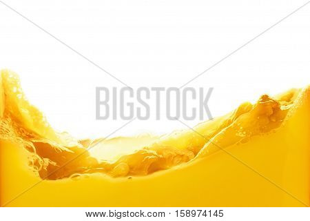 Orange juice splash isolated on white background. Healthy fresh drink wave with drop