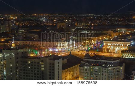 mysterious dramatic night panorama cityscape view of Voronezh city. Modern city concept. Copy space. Top view from roof