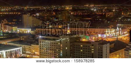 beautiful view of night city center of Voronezh. Night lights, buildings, roads
