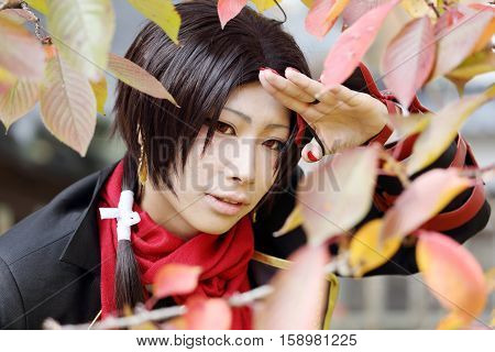 Marugame, Kagawa, Japan -  November 20, 2016: Young japanese girl dressed in cosplay costume at Mamugame-Jou Park. Photo taken in Marugame Cosplay Convention