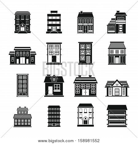 Buildings set in black flat style isolated on white background vector stock illustration