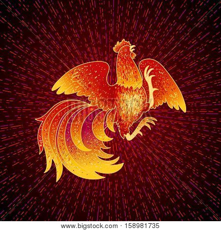 2017, the Year of the Fire Rooster in Chinese Horoscope. Red and gold colors, symbol of new year. Fire element. Hand drawn sketchy cartoon clip-art, vector illustration