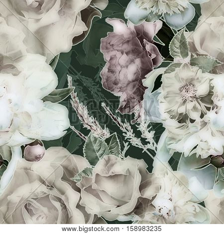 art vintage monochrome green blurred watercolor and graphic floral seamless pattern  with roses and leaves on dark  background. Double Exposure effect