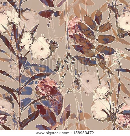 art vintage blurred monochrome brown and beige watercolor and graphic floral seamless pattern with roses, grasses and leaves on background. Double Exposure effect